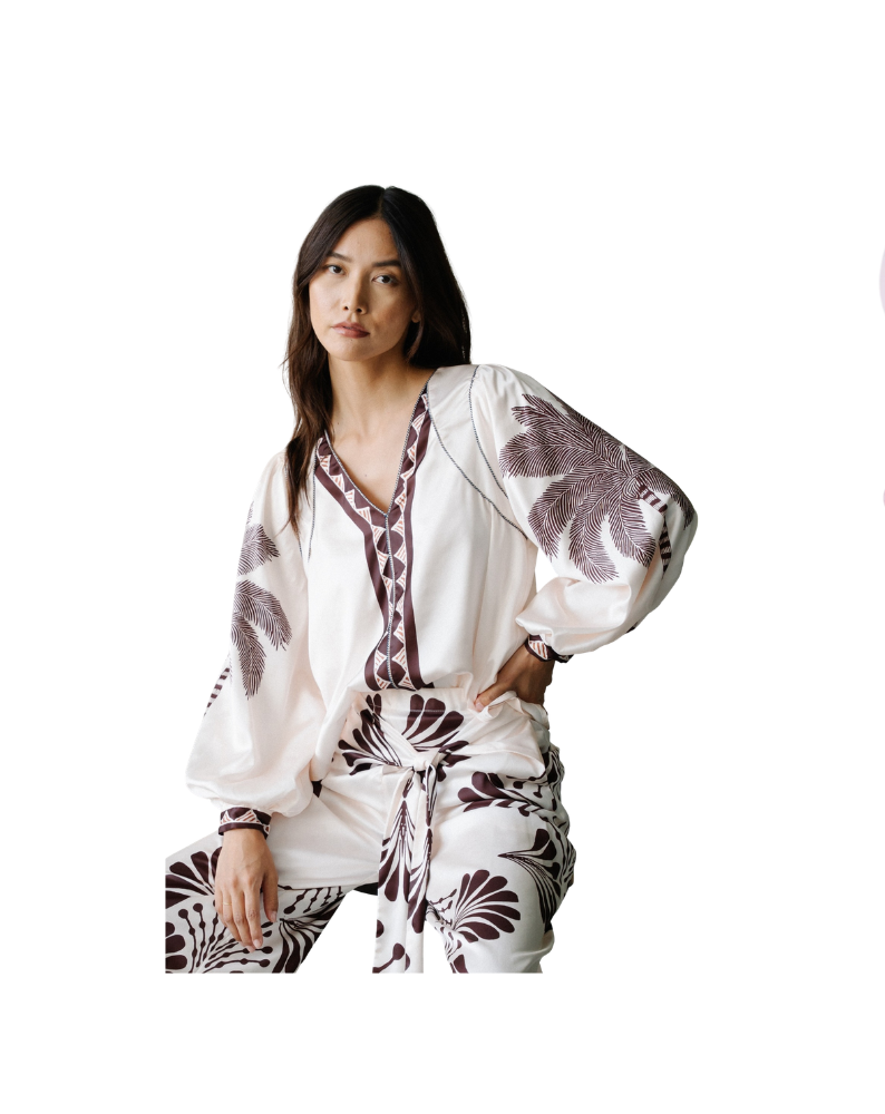KENSLEY PALM TREE PRINTED BLOUSE-CREAM/MULTI