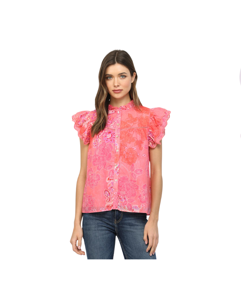 EMBROIDERED SCALLOP SLEEVED BLOUSE-PINK/MULTI