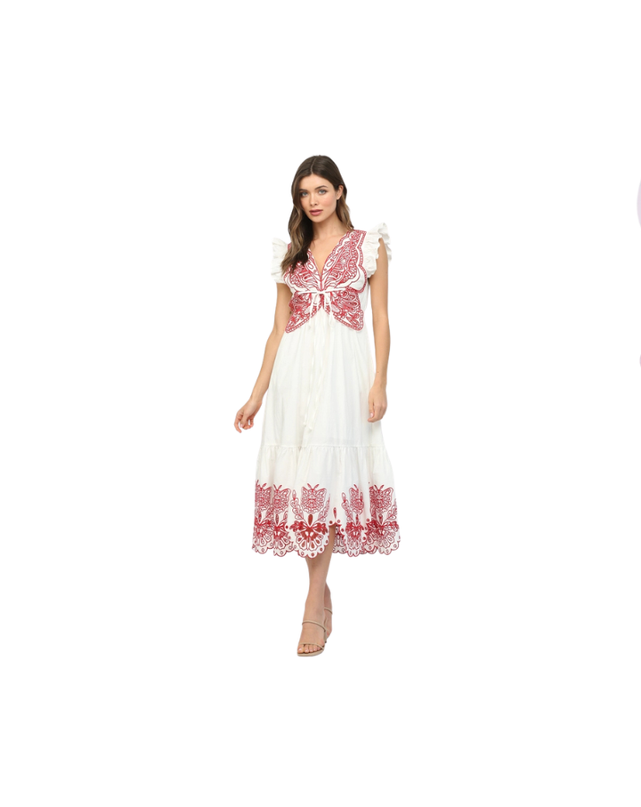 CUT OUT EMBROIDERED DETAIL MAXI DRESS- OFF WHITE