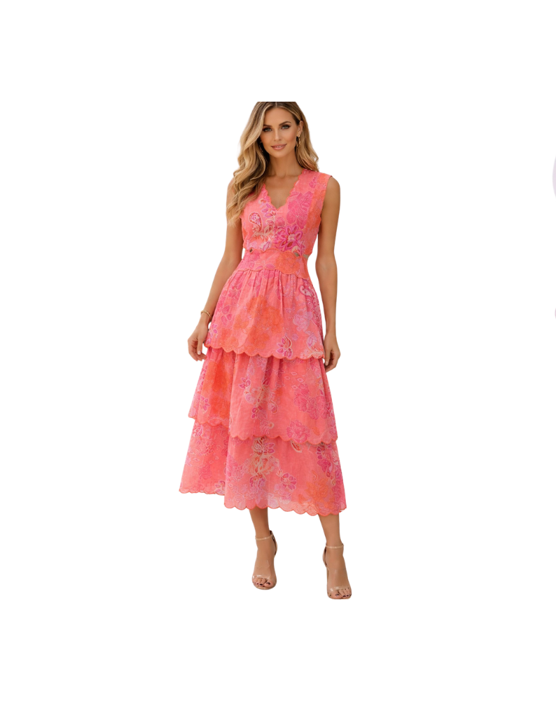 EMBROIDERED SCALLOP EDGE MAXI DRESS-PINK/MULTI