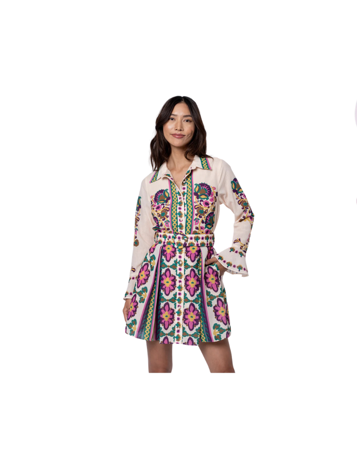 MARIS MIXED MEDIA PRINT LONG SLEEVE SHIRT DRESS-CREAM