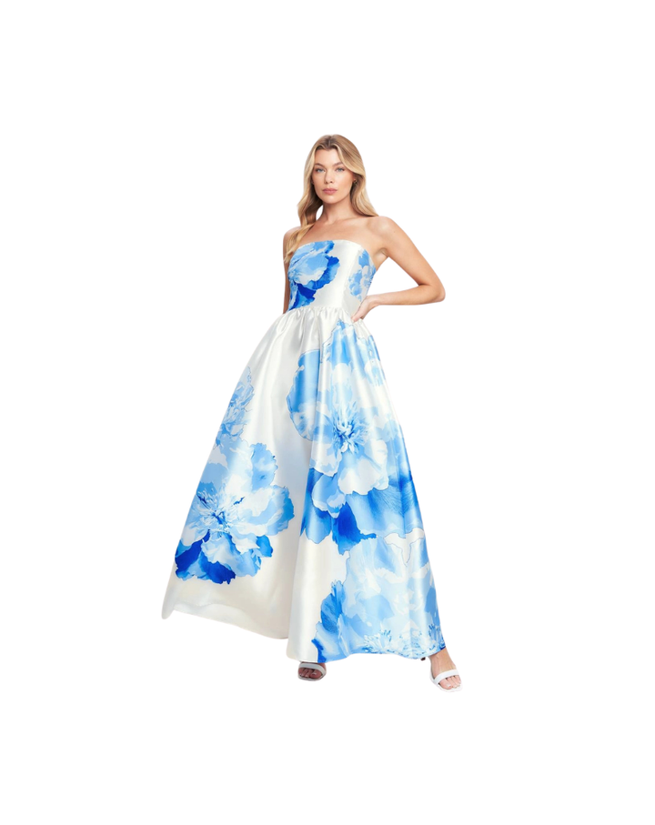 STRAPLESS FLORAL MAXI DRESS-IVORY/BLUE