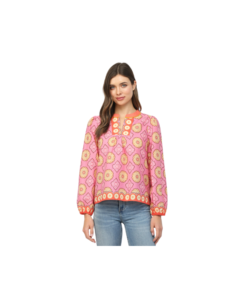 TILE PRINT LONG SLEEVE BLOUSE-PINK/MULTI