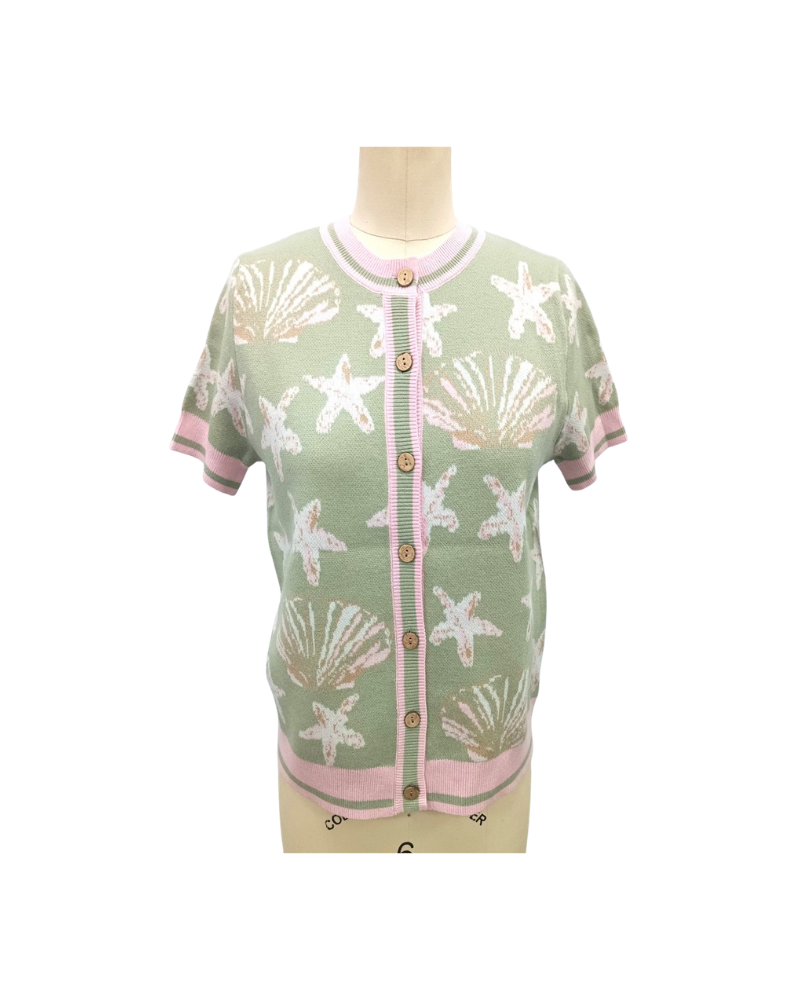 SEASHELL PRINT SWEATER TOP-SAGE/PINK