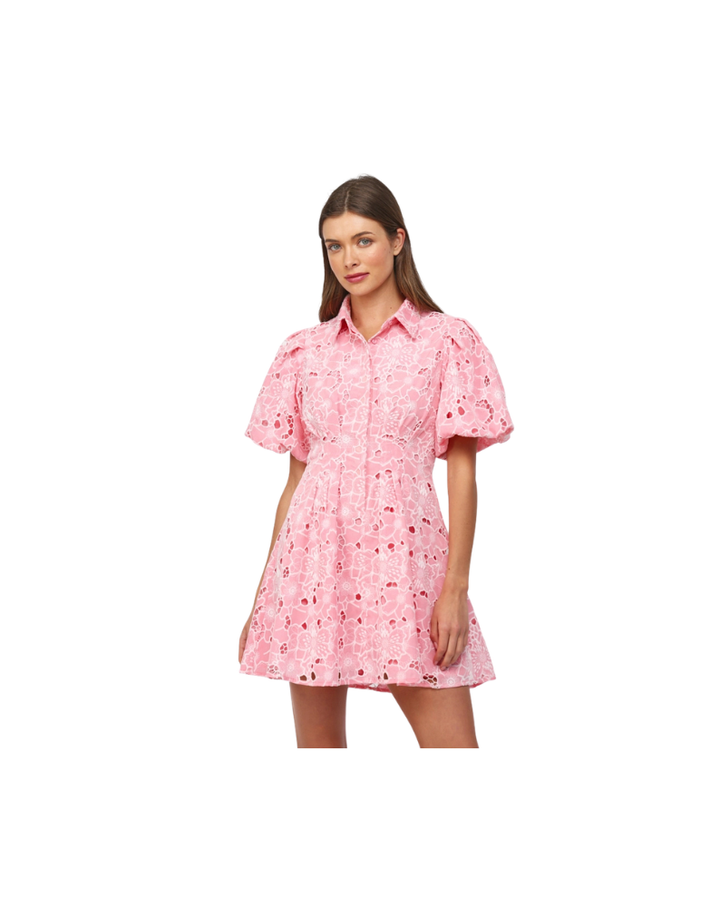 CUT OUT FLORAL LACE BUTTON DOWN MINI DRESS-PINK