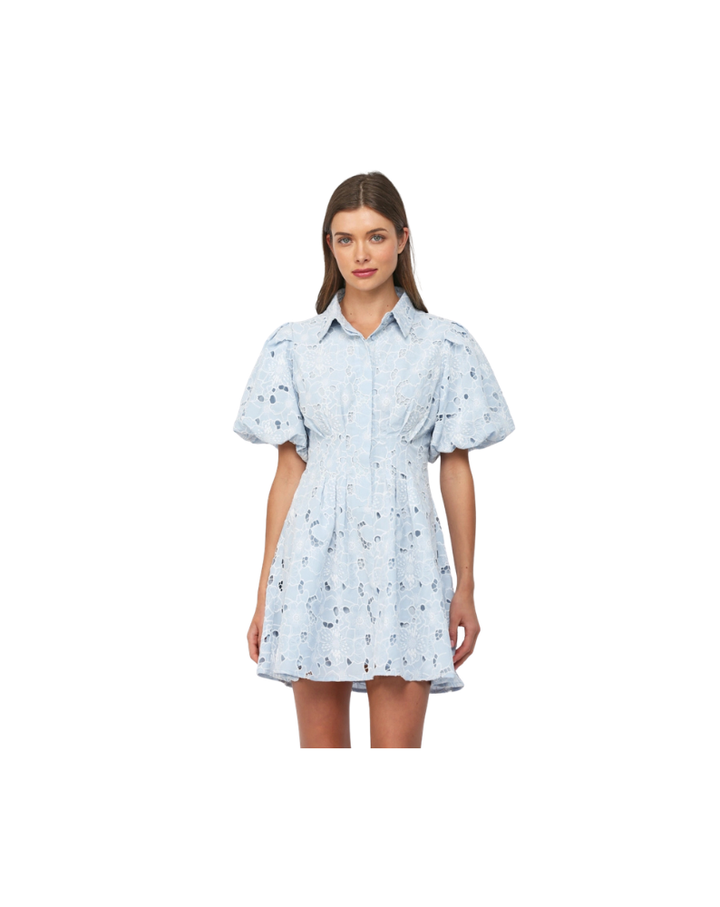 CUT OUT FLORAL LACE BUTTON DOWN MINI DRESS-BABY BLUE
