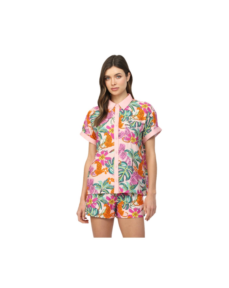 TROPICAL PRINT BUTTON DOWN BLOUSE-BLUSH/MULTI