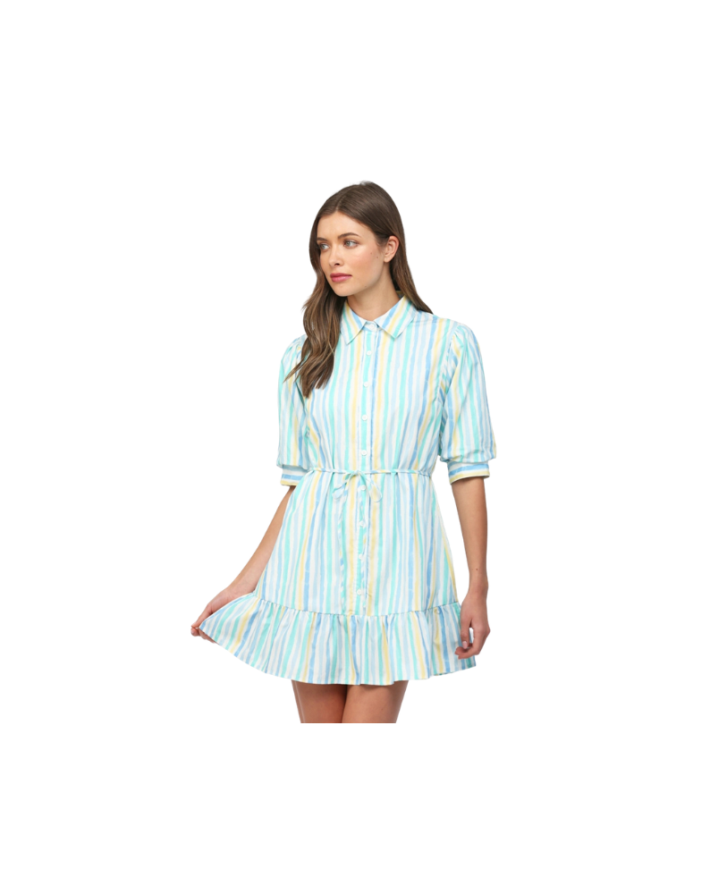 VERTICAL STRIPE SHIRT DRESS-WHITE/BLUE/YELLOW