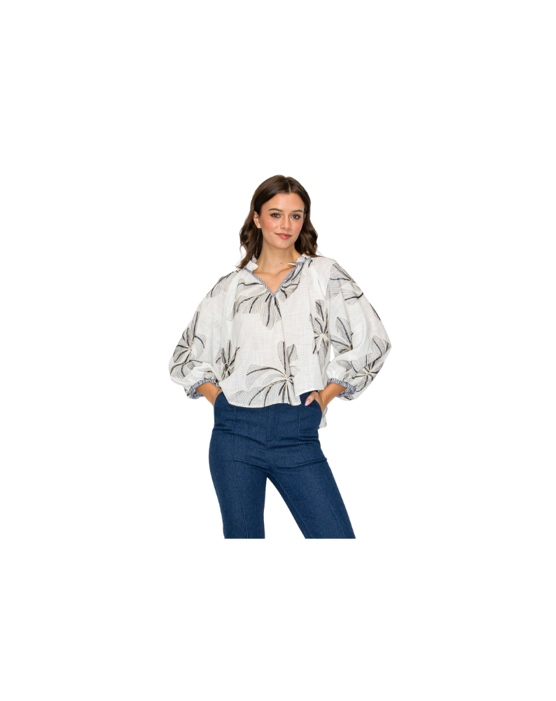 PALM BREEZE BLOUSE-WHITE/NAVY
