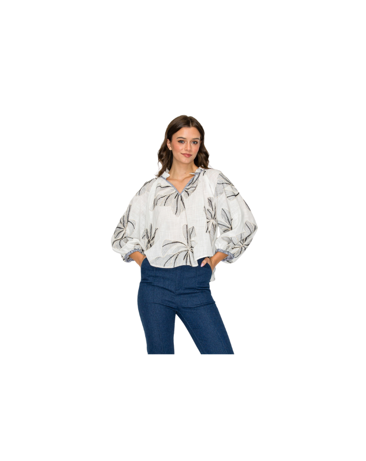 PALM BREEZE BLOUSE-WHITE/NAVY