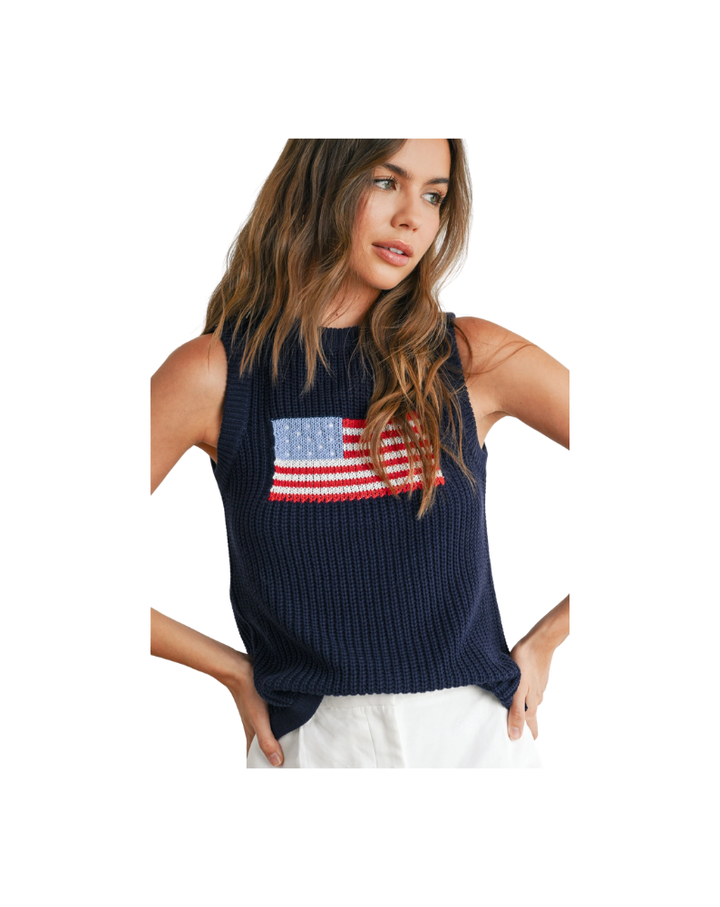 FLAG PRINT KNITTED TANK TOP-NAVY
