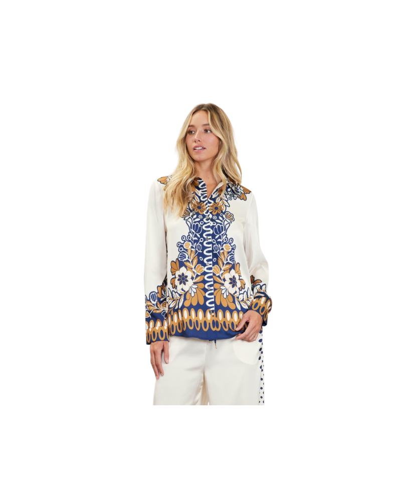 FLORAL BORDER PRINT BLOUSE-MUSTARD/NAVY