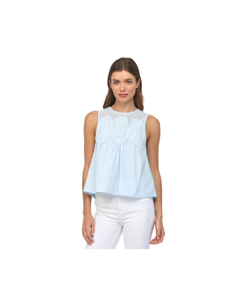 CONTRAST YOKE DETAIL LACE TOP-BABY BLUE