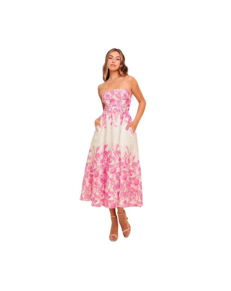 FLORAL STRAPLESS MIDI DRESS-IVORY/PINK