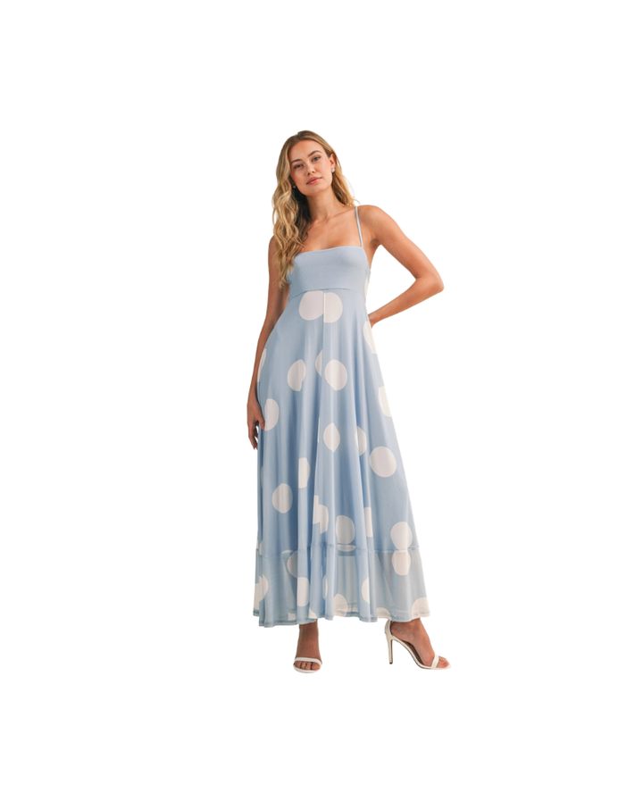 LARGE POLKA DOT MAXI DRESS-DUSTY BLUE/WHITE