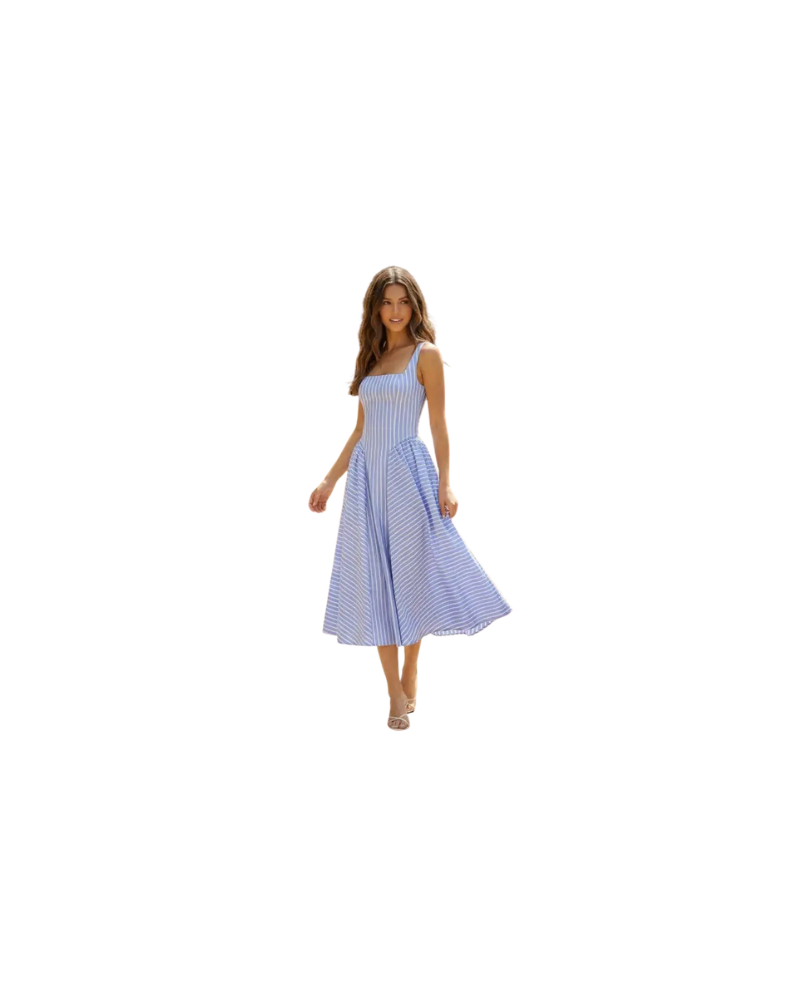 STRIPED SLEEVELESS FLARED MIDI DRESS-BLUE