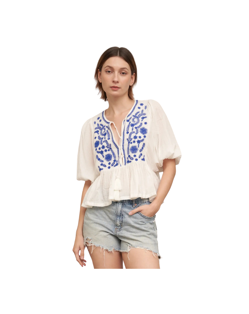 EMBROIDERED PEPLUM TOP-WHITE/BLUE