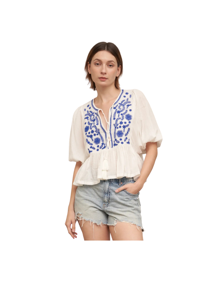 EMBROIDERED PEPLUM TOP-WHITE/BLUE