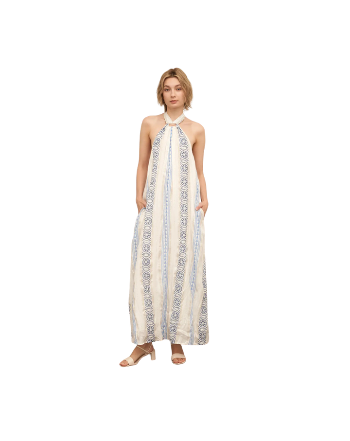 EMBROIDERED HALTER NEXK MAXI-WHITE/BLUE