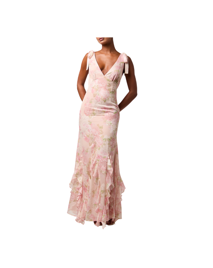 TINSLEY TIE STRAP RUFFLE MAXI DRESS-LIGHT PINK FLORAL