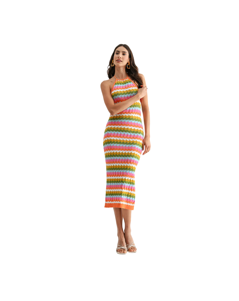 KNITTED HALTER NECK MIDI DRESS-ORANGE MULTI