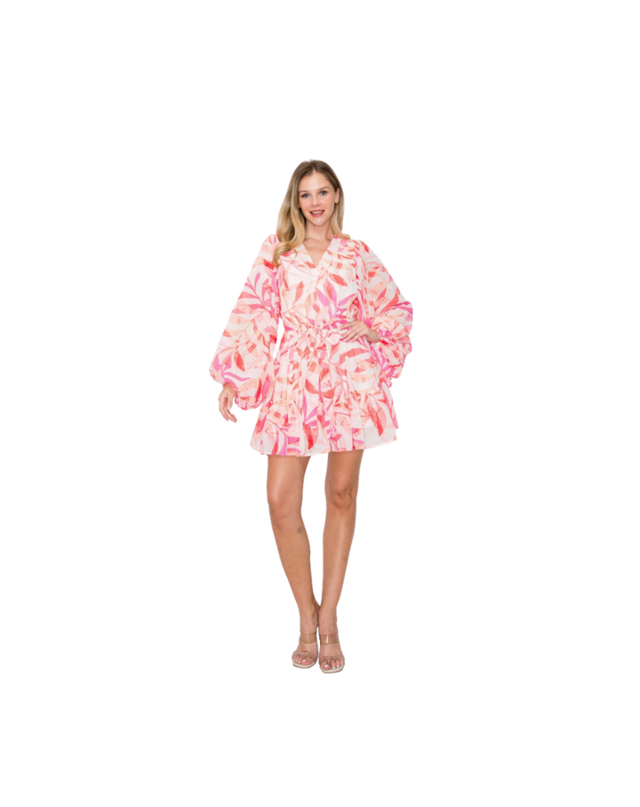 VOLUMINOUS SLEEVE MINI DRESS-PINK/MULTI