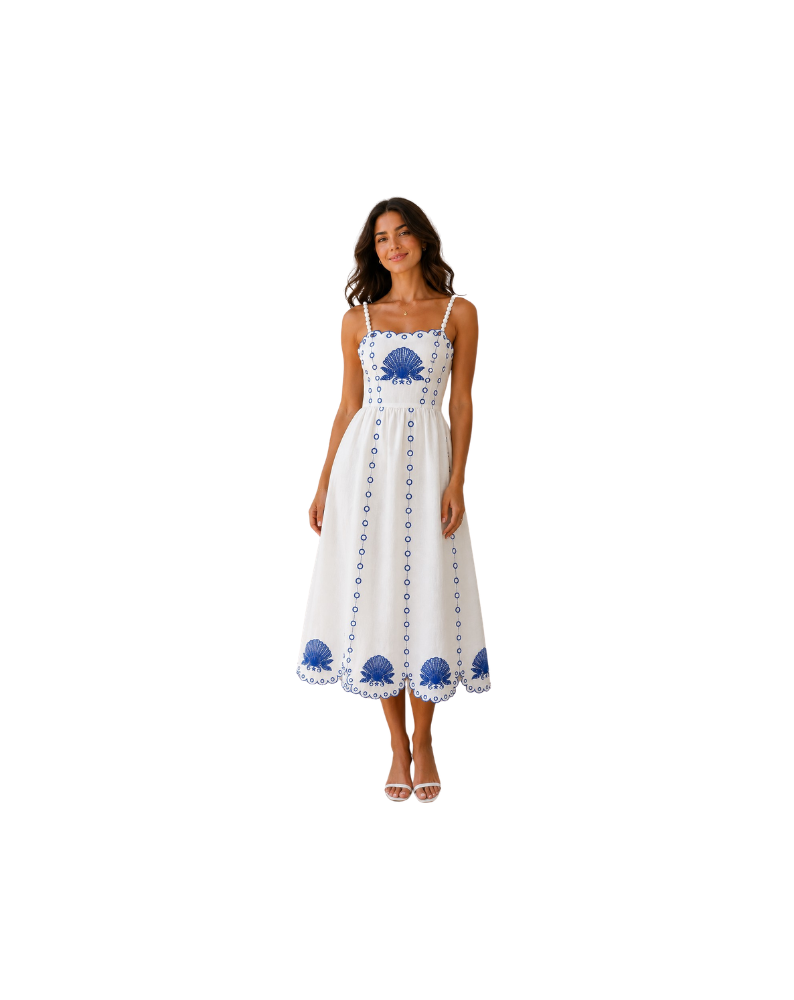 EMBROIDERED LINEN MAXI DRESS-CREAM/BLUE
