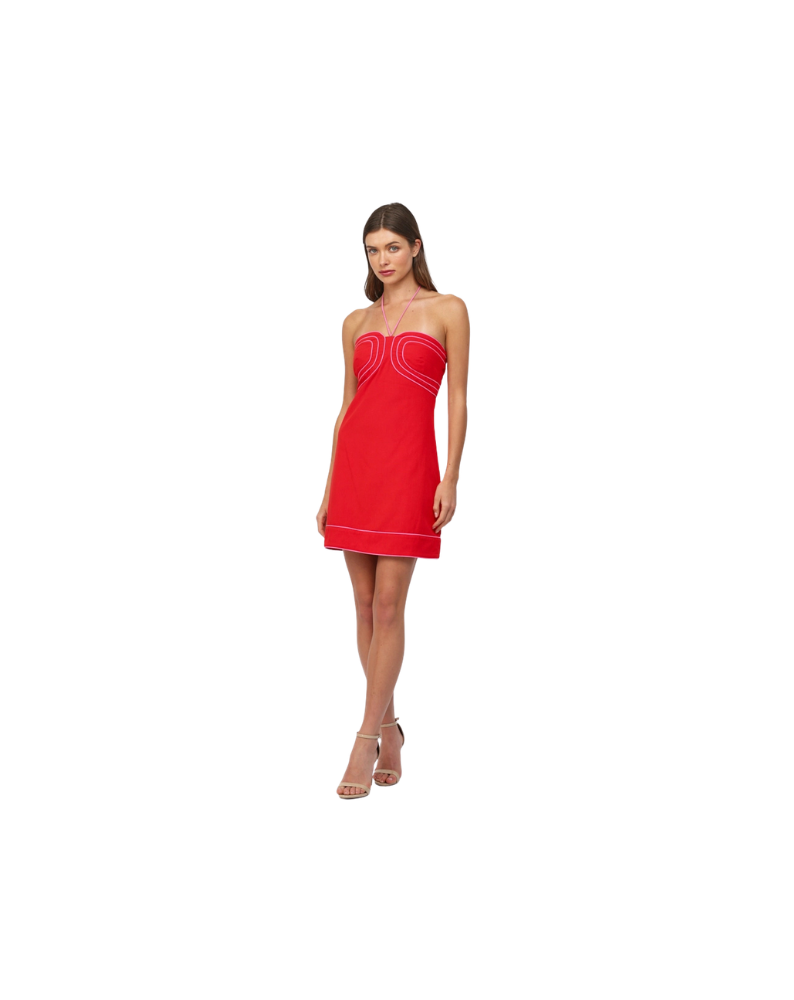 CONTRAST PIPING HALTER NECK MINI DRESS-RED