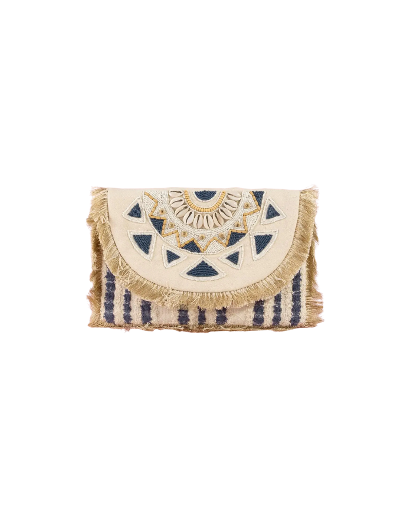 BEADED FRINGE TRIM MANDALA CLUTCH-NAVY/KHAKI