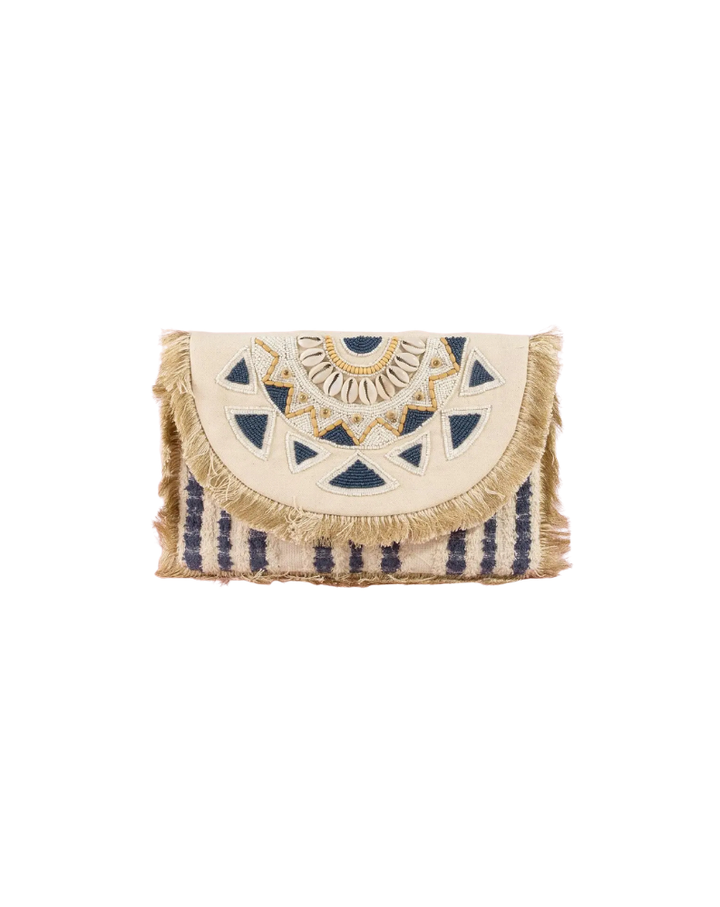BEADED FRINGE TRIM MANDALA CLUTCH-NAVY/KHAKI