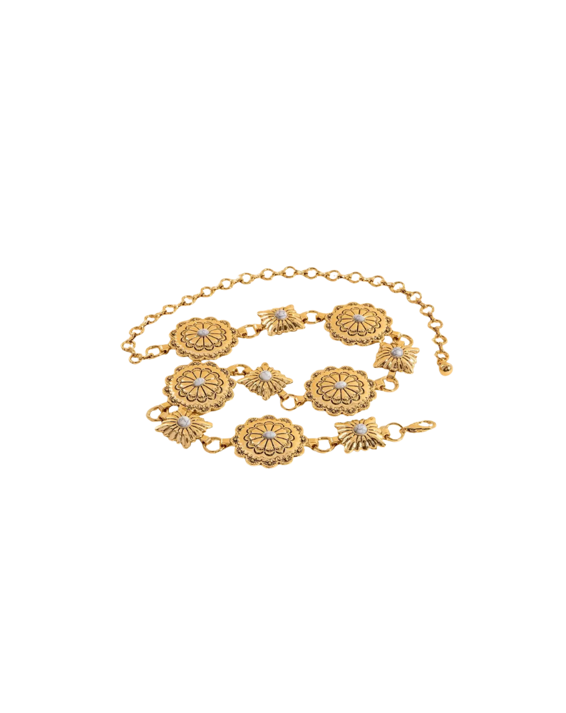 WESTERN ROUND CONCHO DISK CHAIN BELT-GOLD/WHITE