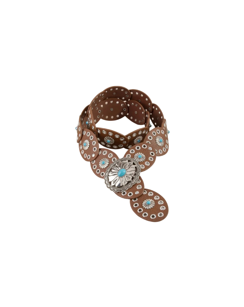 WESTERN TURQUOISE CONCHO DISC FAUX LEATHER BELT-BROWN