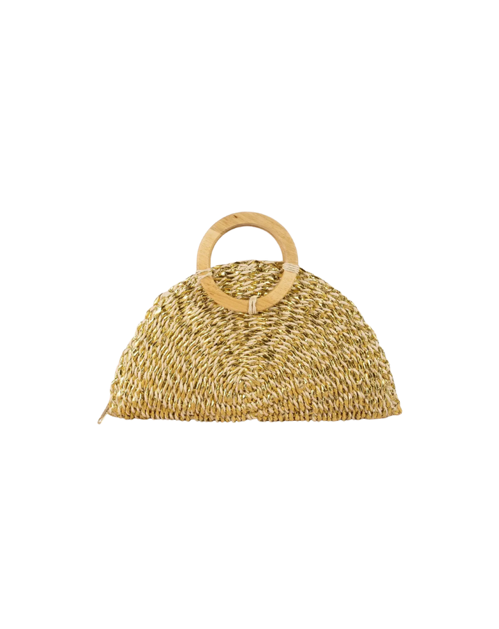 METALLIC STRAW WOVEN HALF MOON BAG-BEIGE