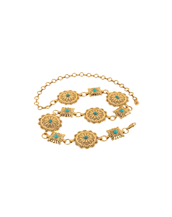 WESTERN ROUND CONCHO DISK CHAIN BELT-GOLD/TURQUOISE