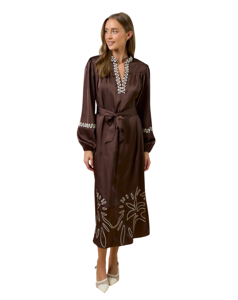 BOHO LONG SLEEVE EMBROIDERED MAXI DRESS-DARK BROWN