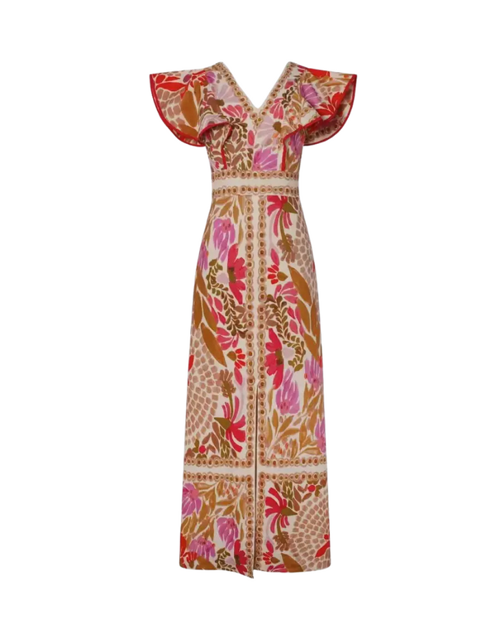 RUFFLED SLEEVE MAXI DRESS-RED/MULTI