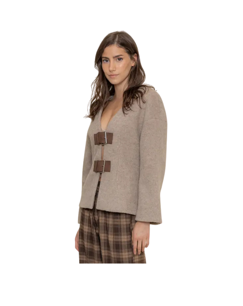 MOHAIR BELTED JACKET-BROWN