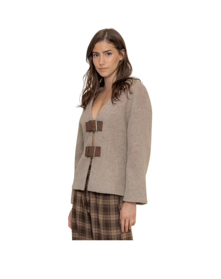 MOHAIR BELTED JACKET-BROWN