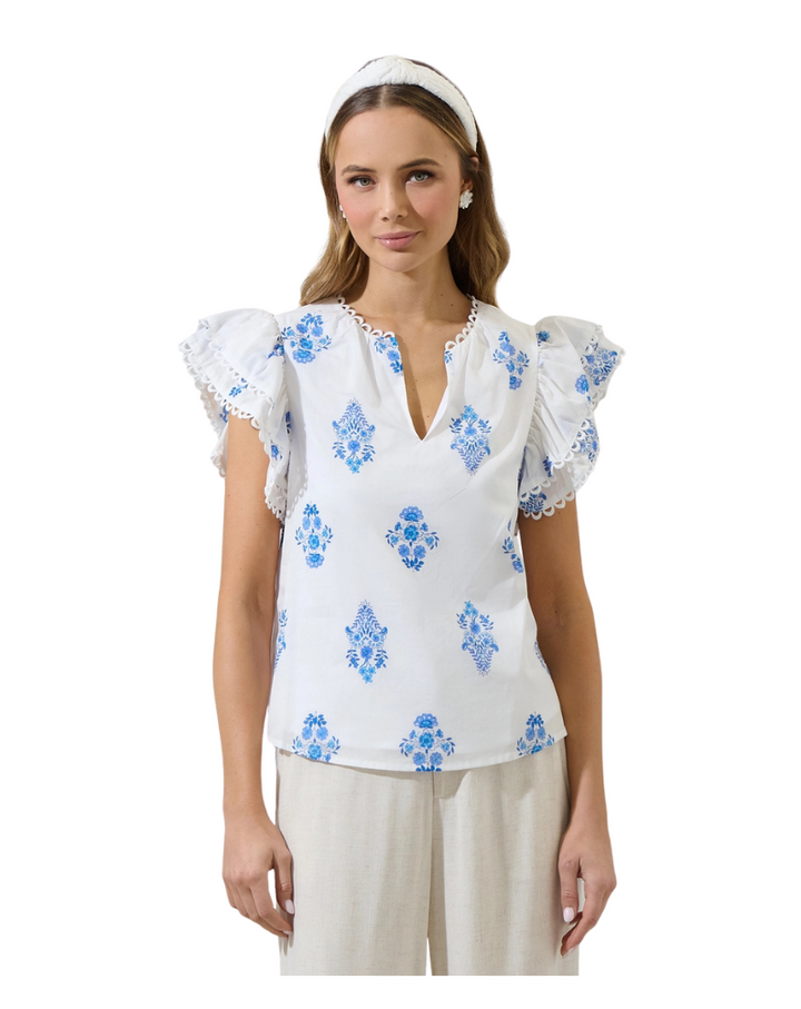 YILA FLORAL EMA RUFFLE TOP-WHITE/BLUE