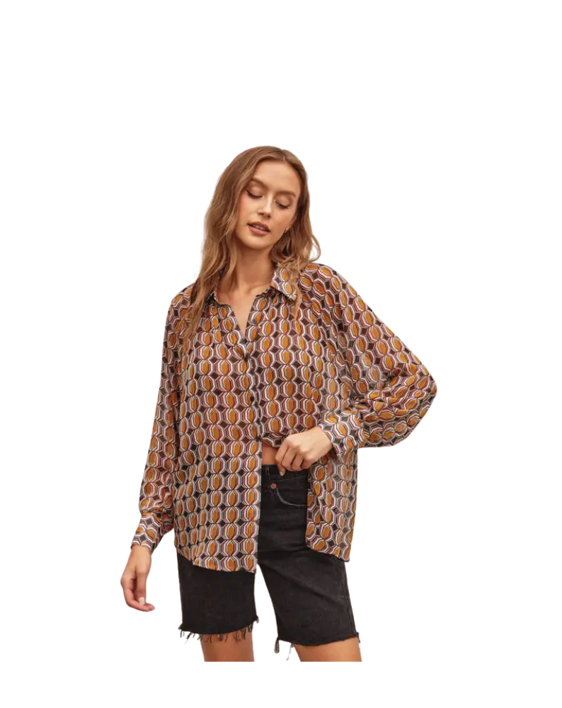 GEO PRINT RELAXED BLOUSE-BROWN