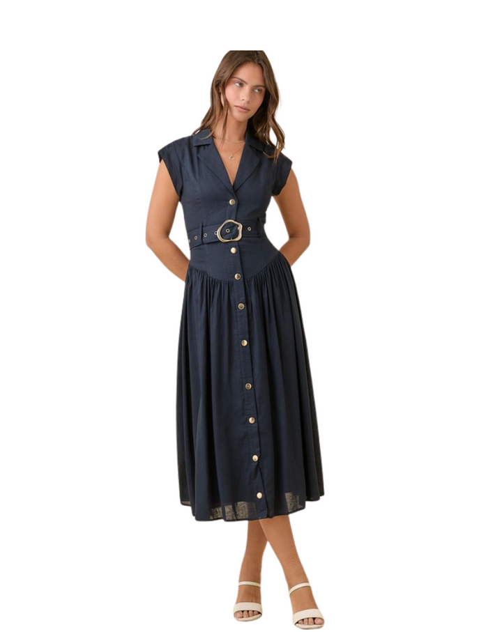 LAPEL COLLAR LOW WAIST DRESS-DARK NAVY
