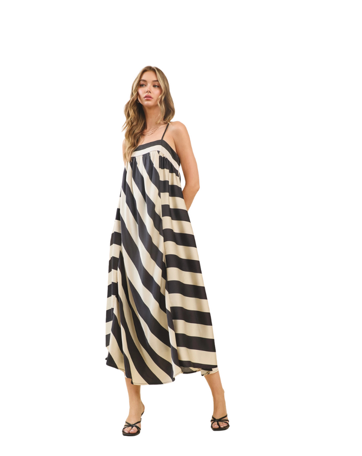 BOLD STRIPE FLOWY MAXI DRESS-CREAM/BLACK