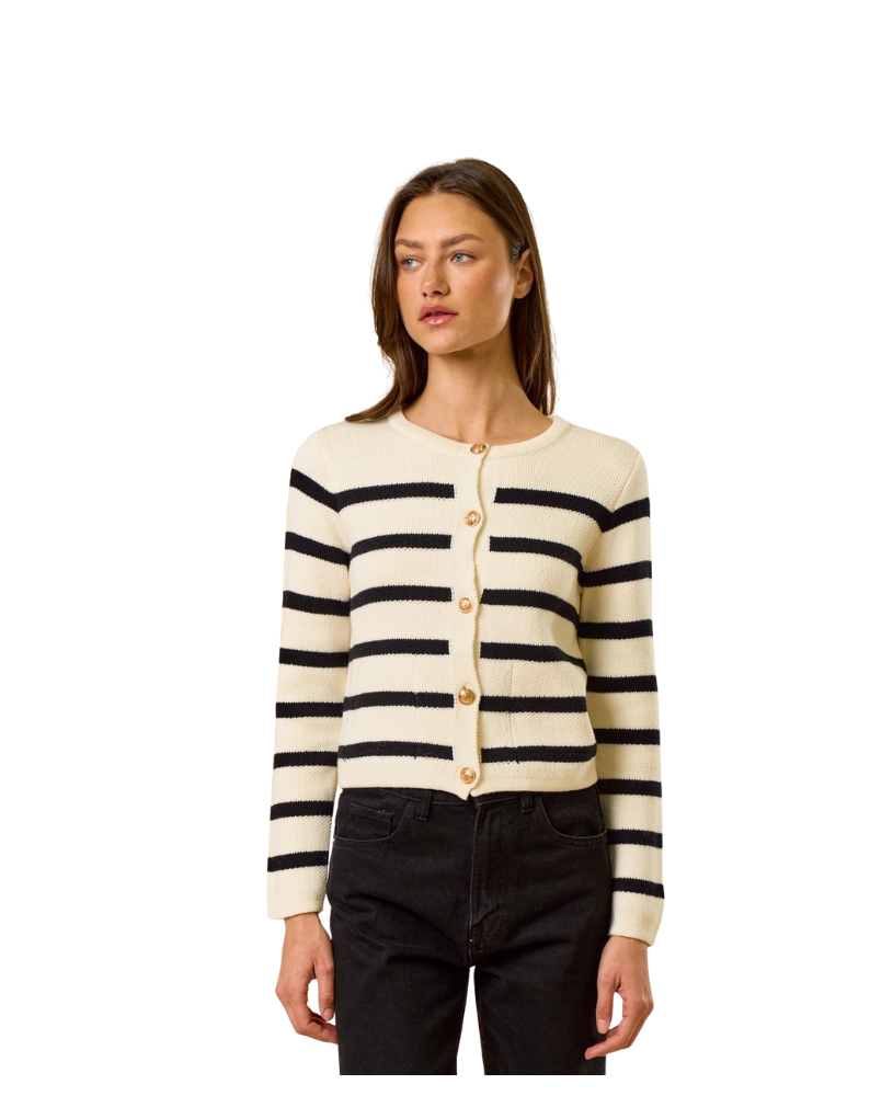 STRIPED BUTTON DOWN SWEATER-WHITE/BLACK