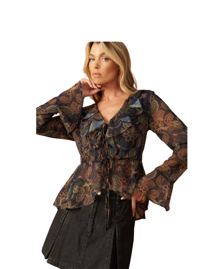 PRINTED RUFFLED PEASANT TOP-NAVY