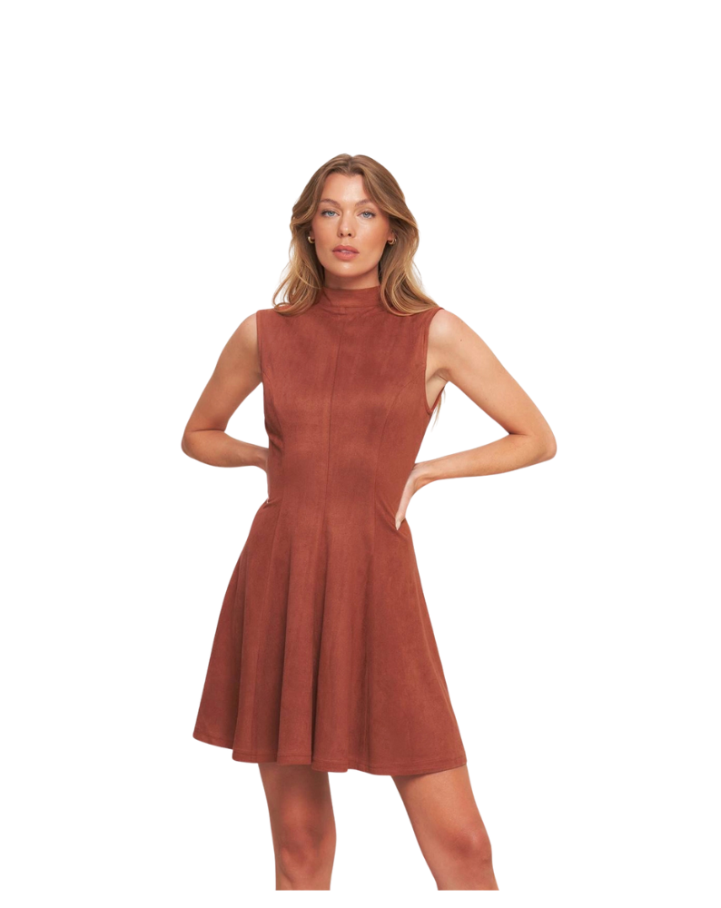 FAUX SUEDE MINI DRESS-RUST