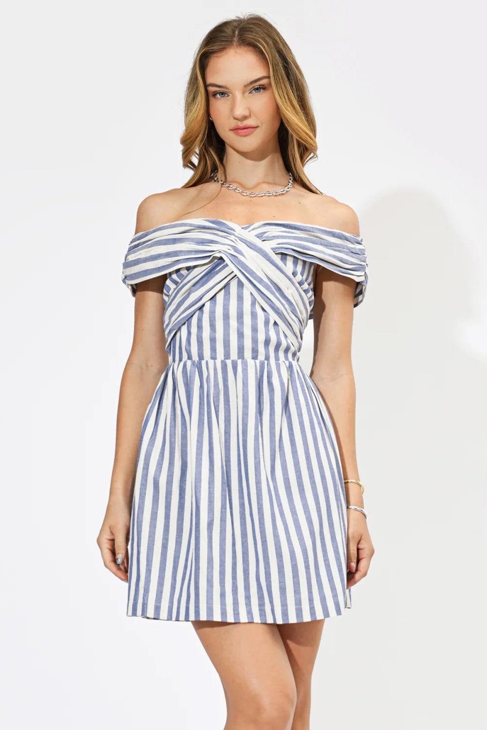 ESTHER STRIPED CRISS CROSS DETAIL MINI DRESS-BLUE/WHITE