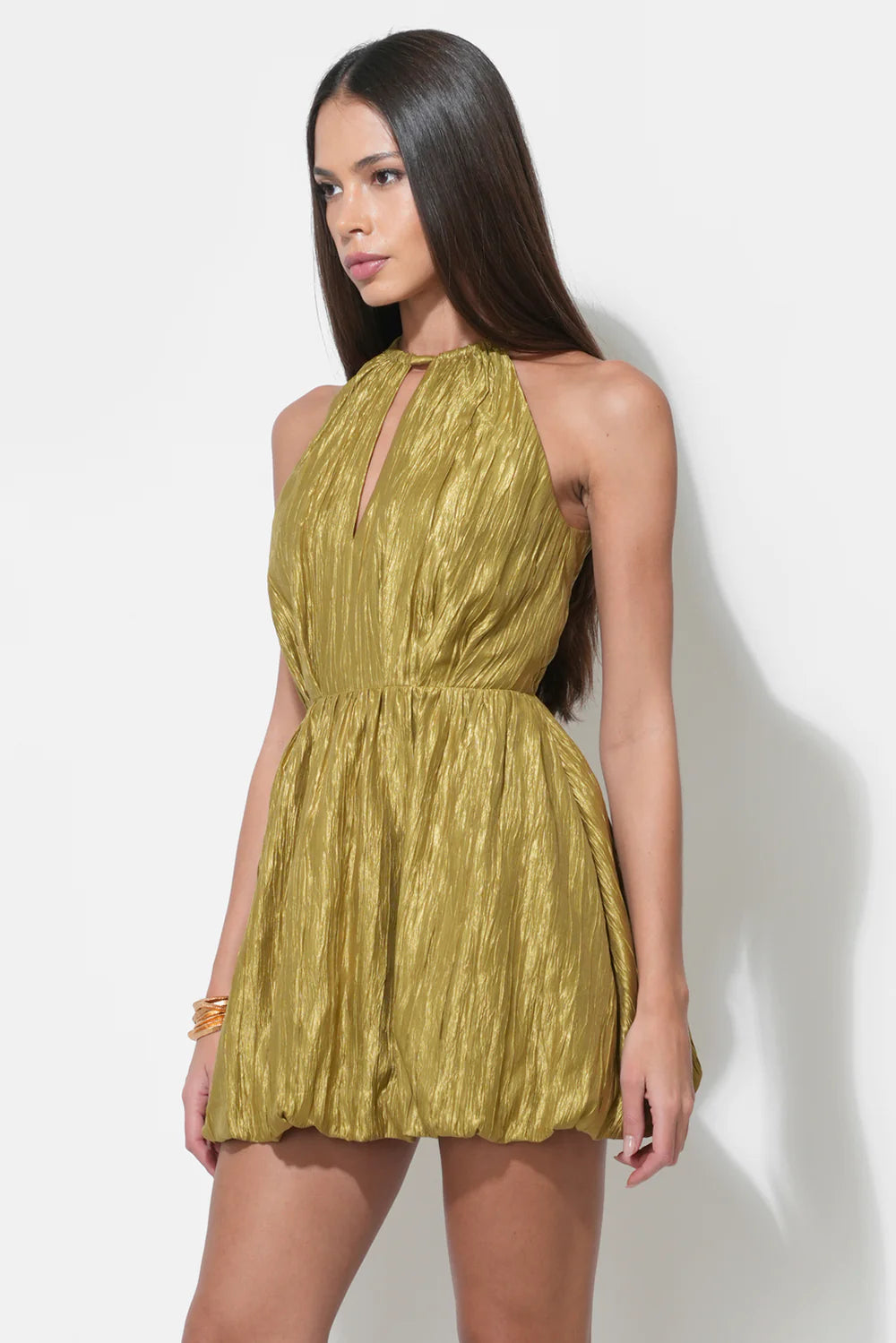 SHELLEY BUBBLE SATIN MINI DRESS-CHARTREUSE