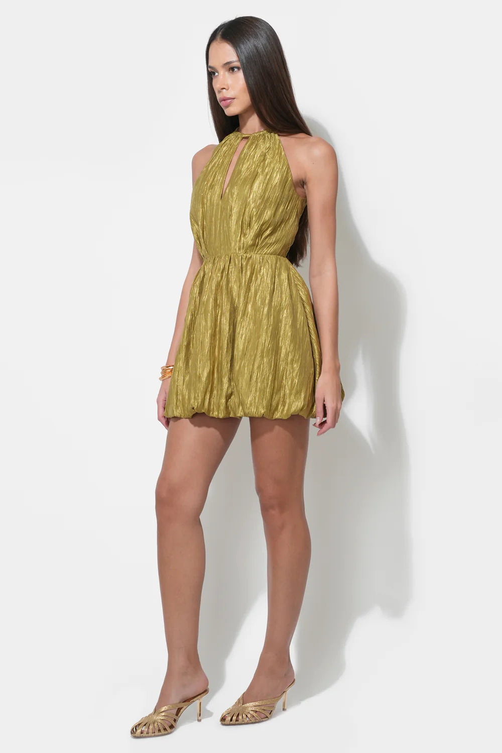 SHELLEY BUBBLE SATIN MINI DRESS-CHARTREUSE