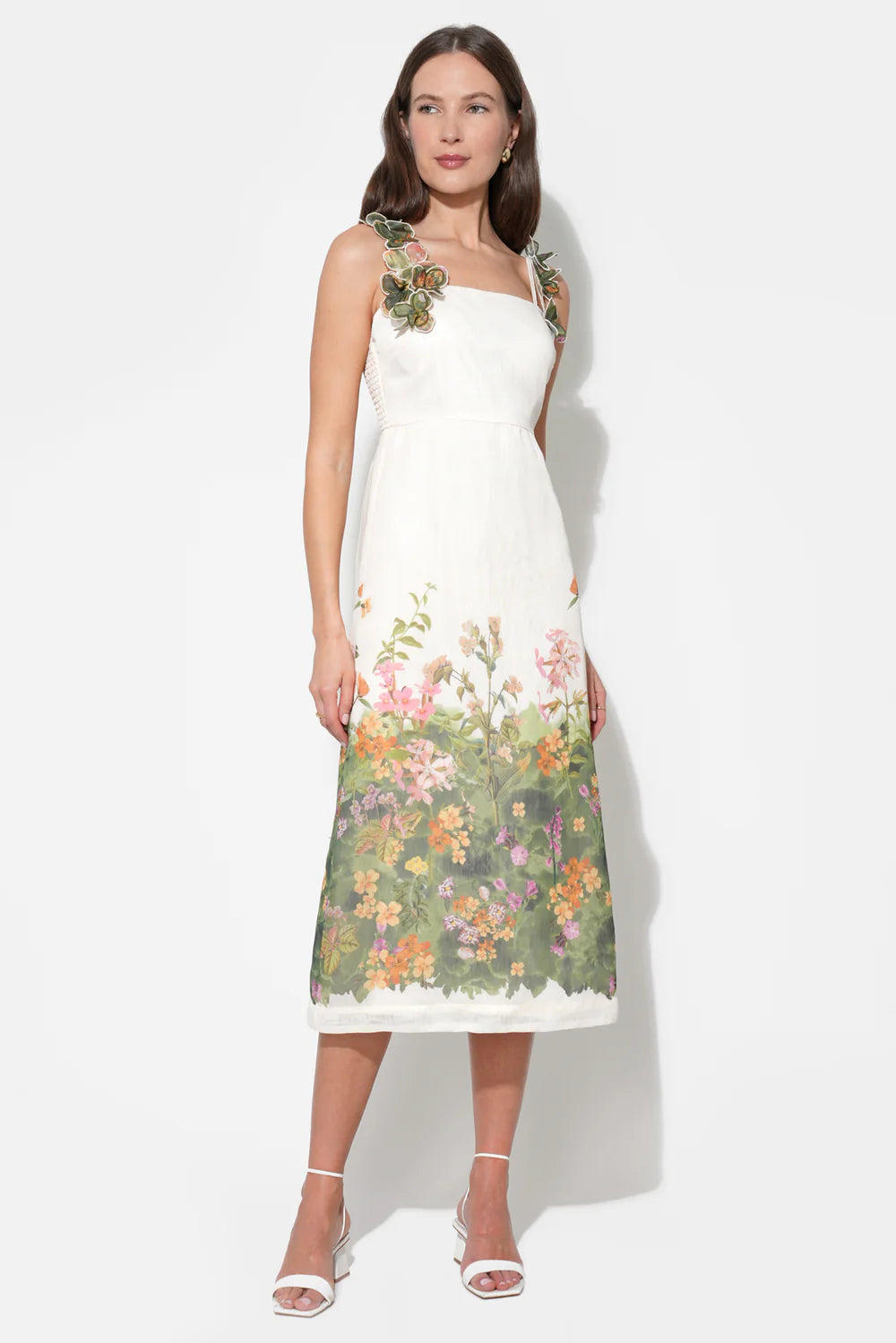 ELOISE BRAIDED PRINTED FLORAL MIDI DRESS-CREAM/GREEN