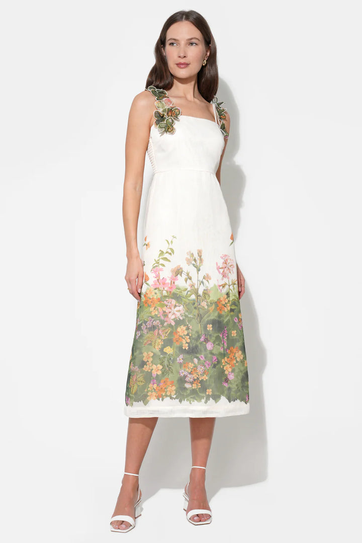 ELOISE BRAIDED PRINTED FLORAL MIDI DRESS-CREAM/GREEN